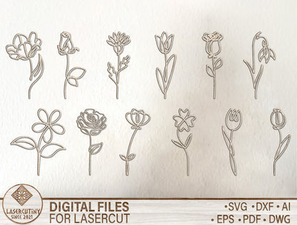 Minimal Botanical Flower Line Art SVG Laser Cut File for Glowforge