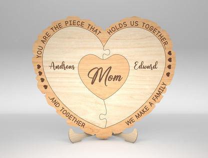 Custom Name Mom Puzzle Heart Sign SVG for Glowforge and xTool