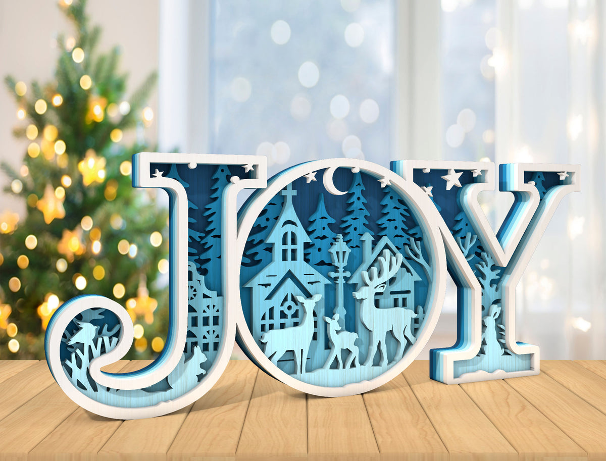 JOY Christmas SVG Multilayer Winter Scene Laser Cut File