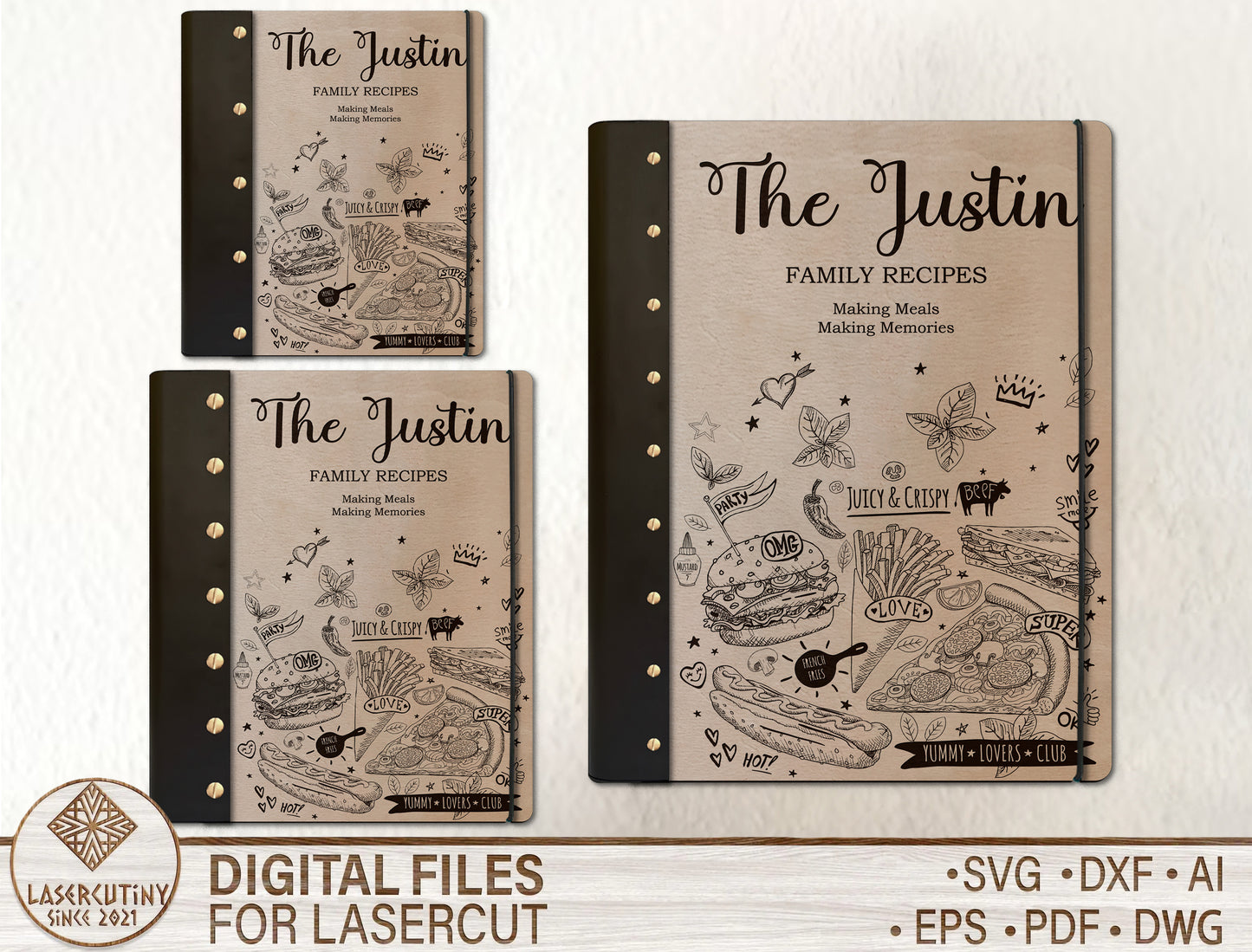 Family Recipe Book SVG Bundle Wooden Cookbook Cover for Glowforge