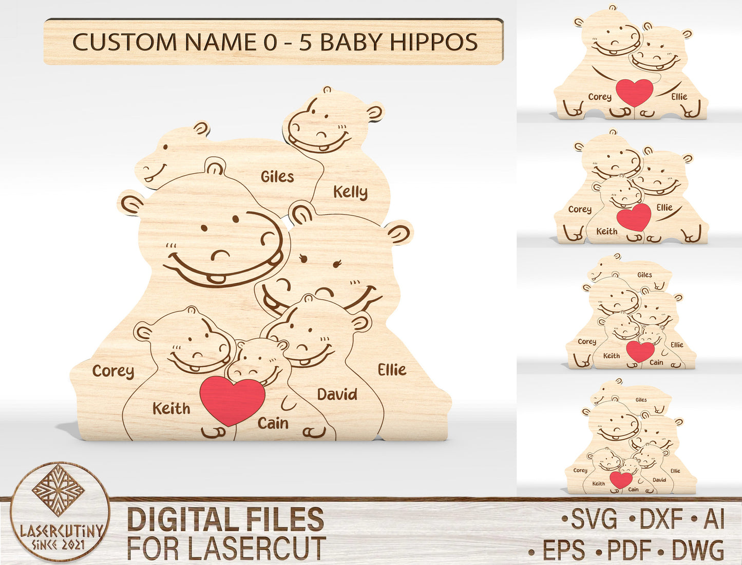 Personalized Family Hippo Puzzle SVG Laser Cut File for Glowforge and xTool