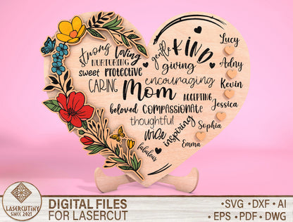 Mom Heart Name Floral Word Art Sign SVG for Glowforge and xTool
