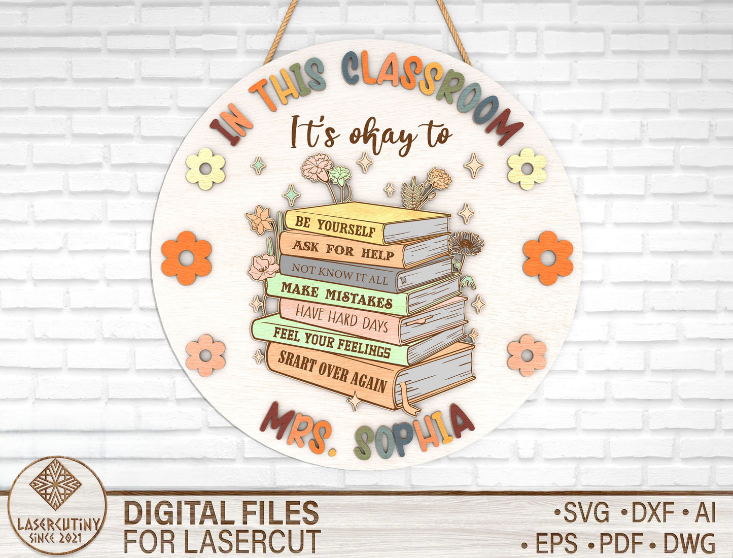 Personalized Book Stack Classroom Door Sign SVG Laser Cut File for Glowforge and xTool