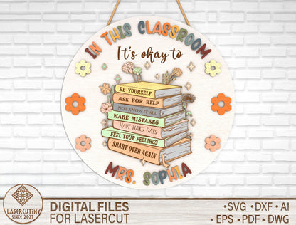 Personalized Book Stack Classroom Door Sign SVG Laser Cut File for Glowforge and xTool
