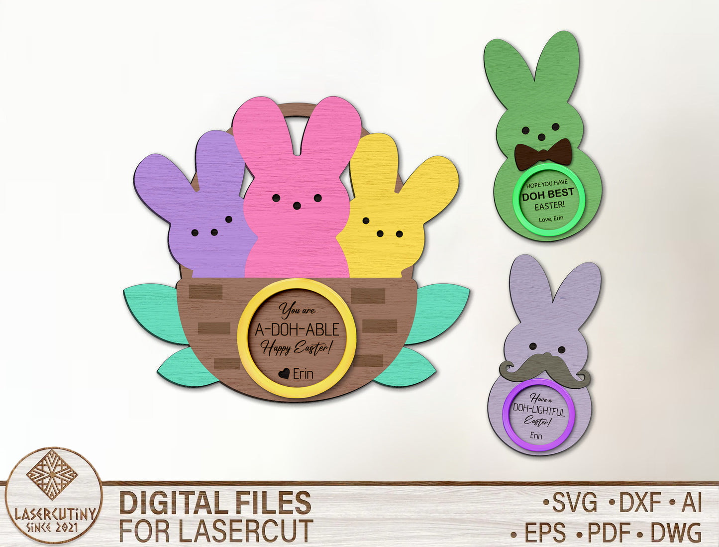 Easter Bunny Play Dough Circle Tag SVG Peeps Bunny for LightBurn and xTool