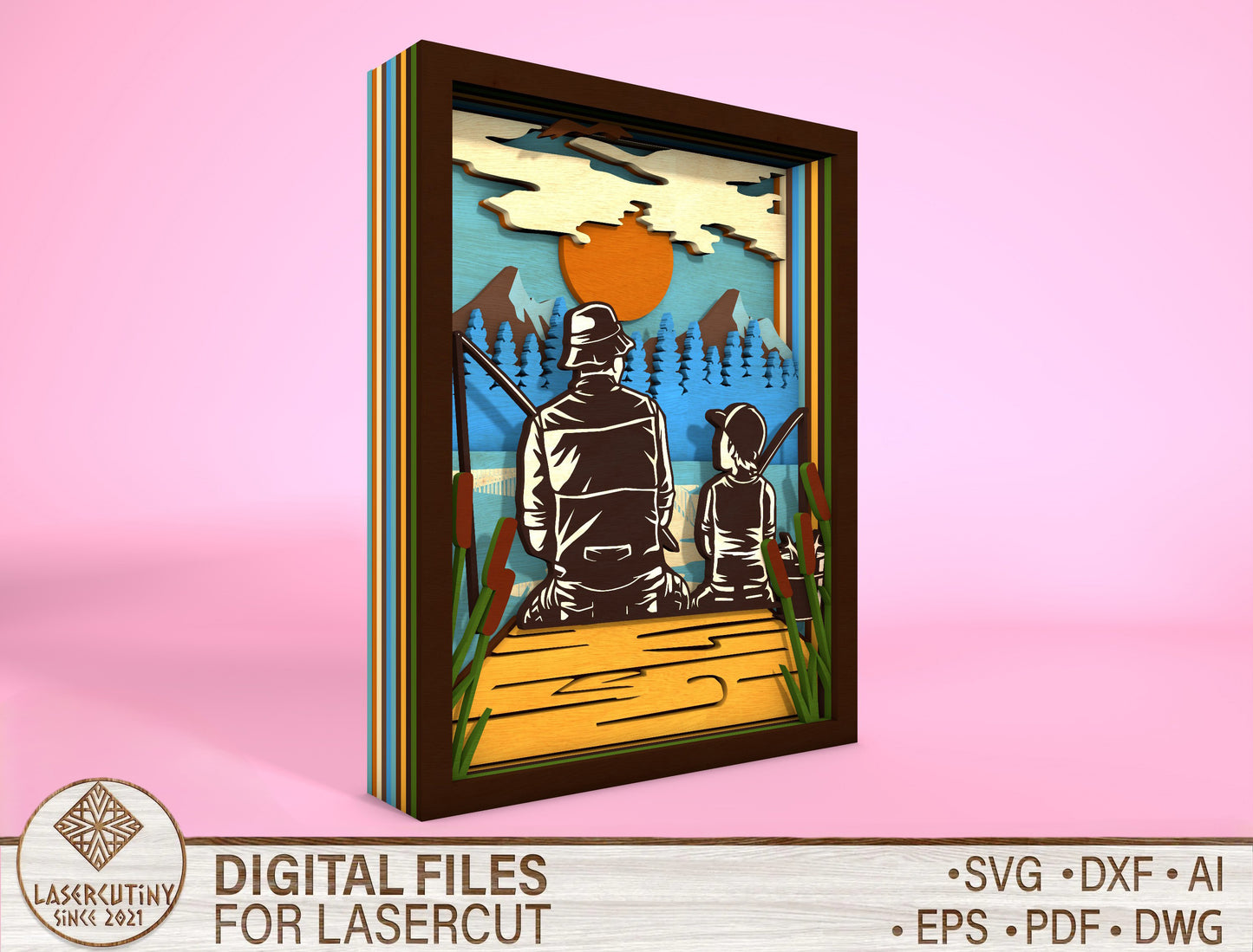 Multilayer Fishing Father Child Sign SVG Laser Cut File for Glowforge and LightBurn