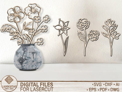 Botanical Flower Stem Detailed Line Art SVG for xTool and Glowforge