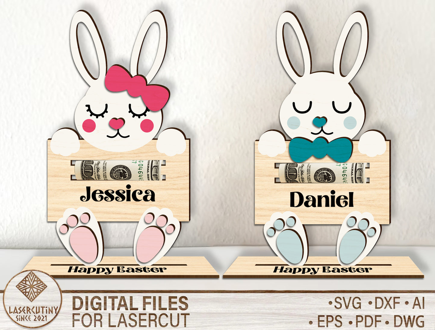 Personalized Easter Bunny Money Holder SVG Custom for LightBurn and xTool