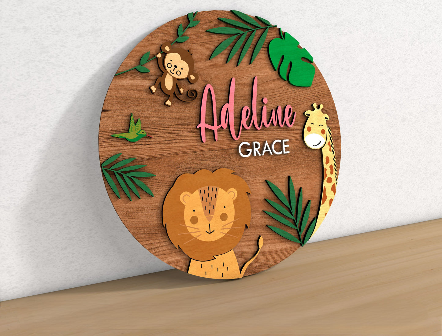 Personalized Baby Name Round Sign | Safari Nursery Name Sign SVG | Wooden Kids Room Decor Laser Cut File
