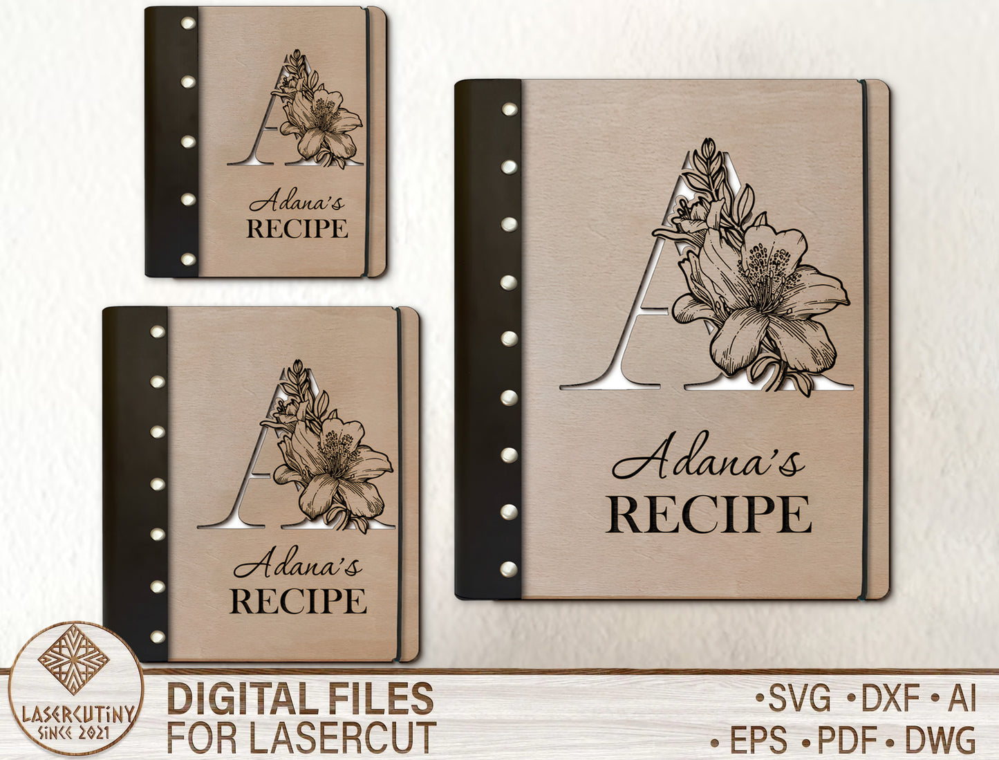 Alphabet Floral Recipe Book SVG Personalized Cookbook for Glowforge