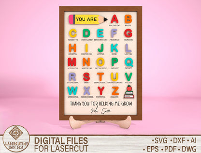 Teacher Alphabet Wall Art SVG Wooden ABC Classroom Decor Laser Cut File for Glowforge and xTool