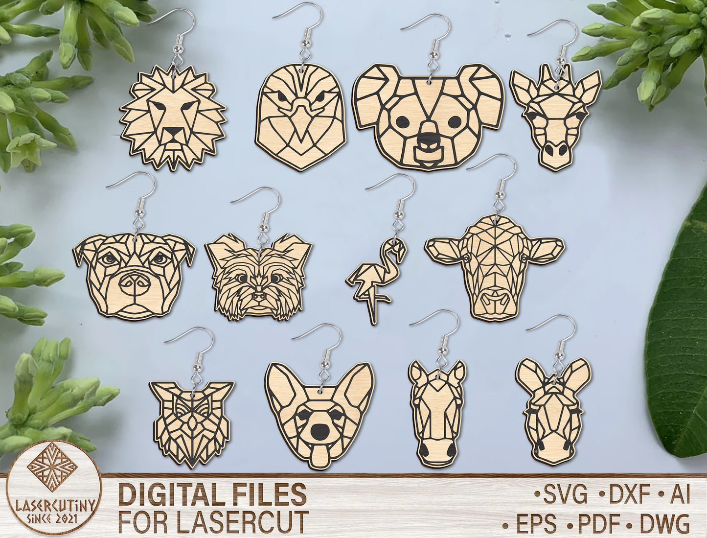 Geometric Animal Head Earring SVG Bundle for Glowforge and xTool