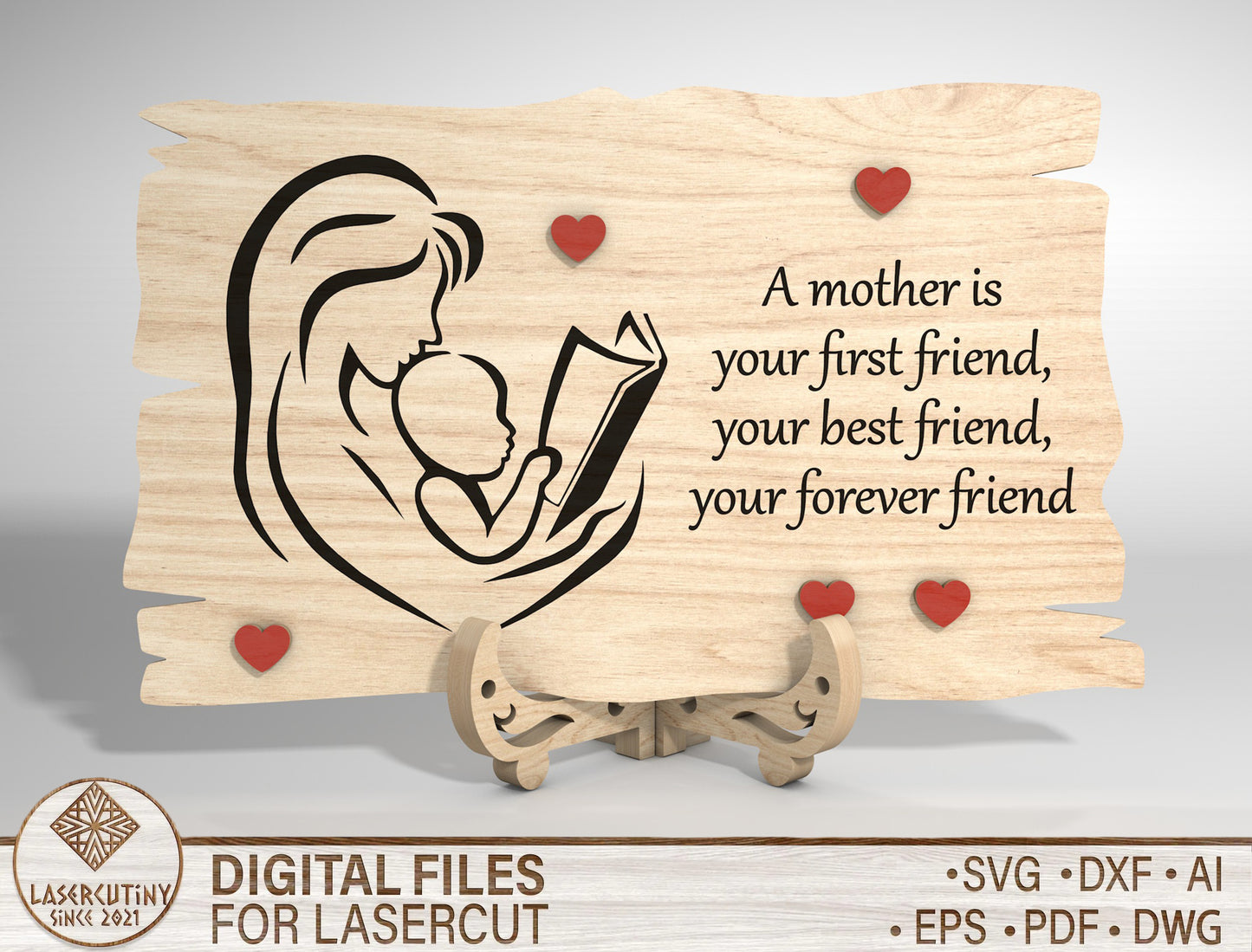Mother and Child Line Art Wooden Sign SVG Laser Cut File for Glowforge and LightBurn