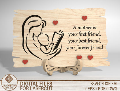 Mother and Child Line Art Wooden Sign SVG Laser Cut File for Glowforge and LightBurn