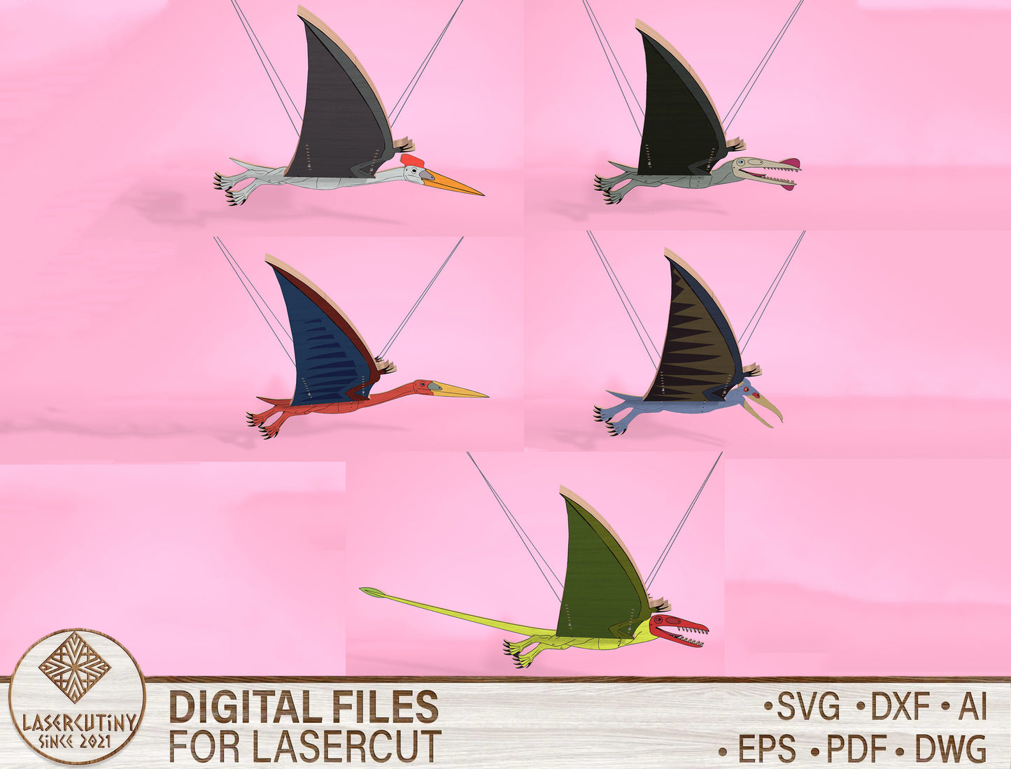 Pterodactyl SVG Bundle Flying Dinosaur Laser Cut File for Glowforge