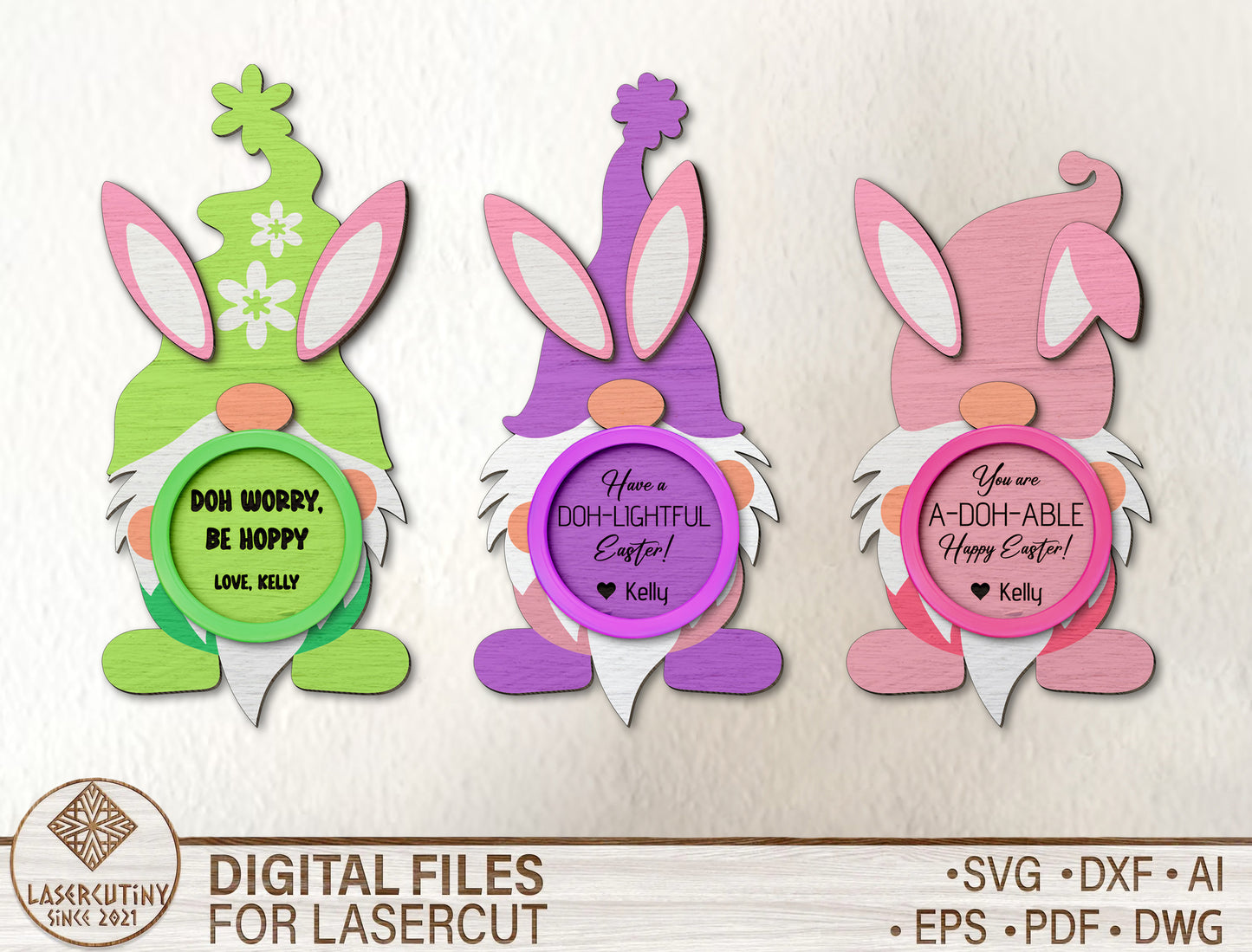 Playful Bunny Gnome Easter Sign SVG Bundle 8 Designs for LightBurn and xTool