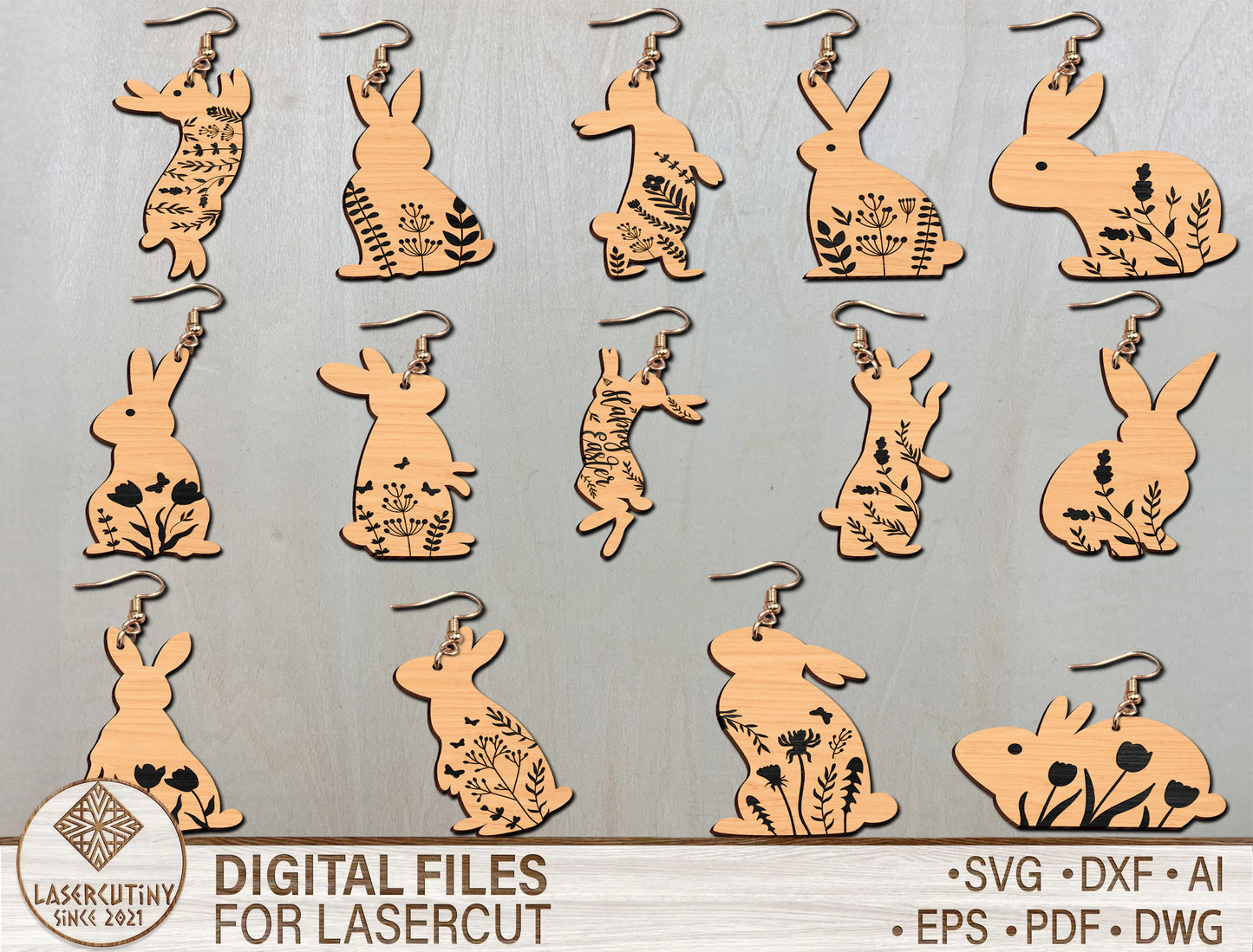 Floral Bunny Earrings SVG Bundle Engraved Rabbit for Glowforge and xTool