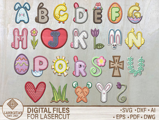 Easter Alphabet Letters – Cute Bunny & Spring ABC Set – Laser Cut File – 26 Designs