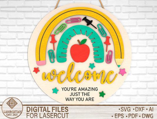 Personalized Rainbow Classroom Door Sign SVG – Cute Teacher Welcome Decor – Laser Cut File