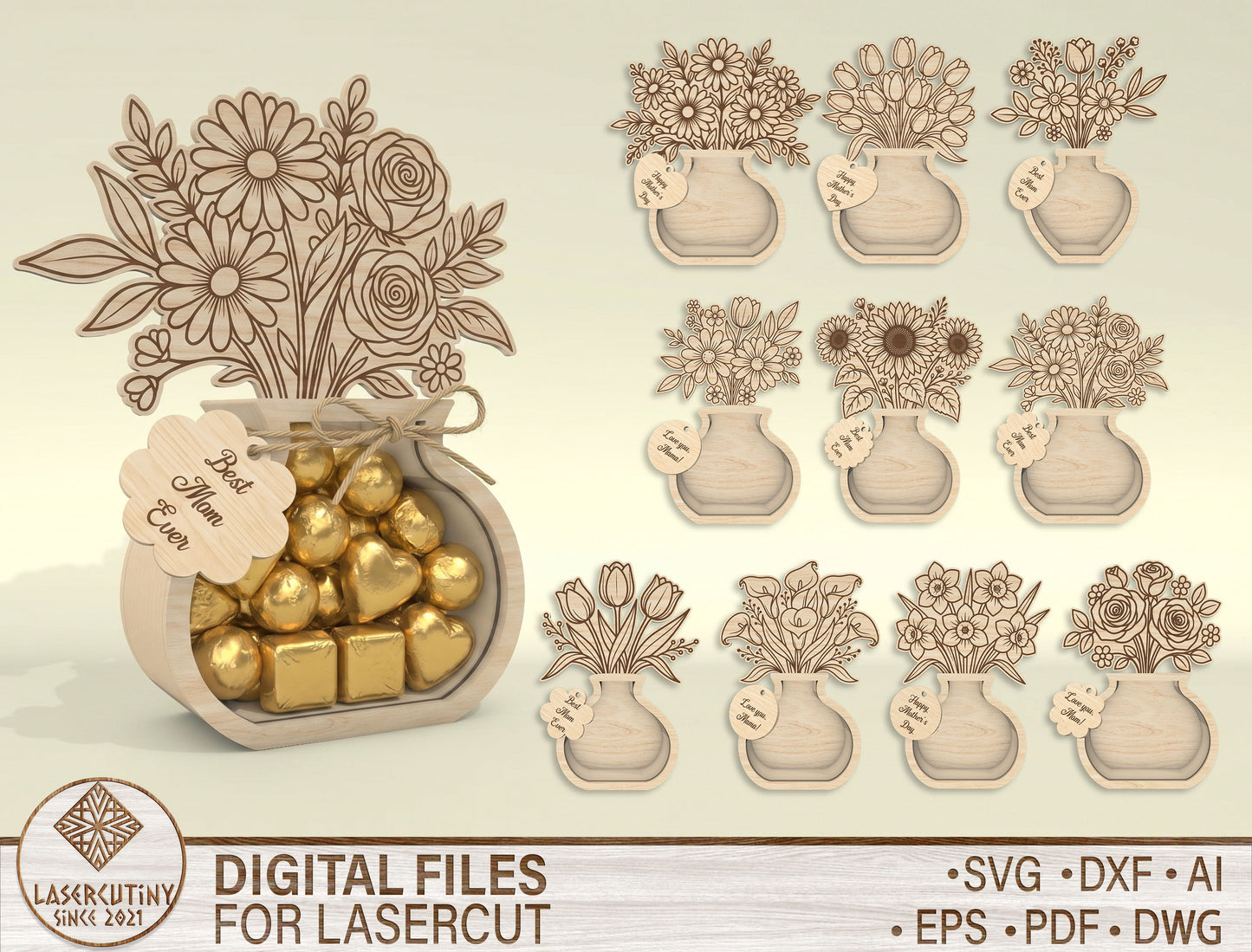 Mother's Day Flower Vase Candy Holder SVG Bundle Wooden Gift Box for Glowforge and LightBurn