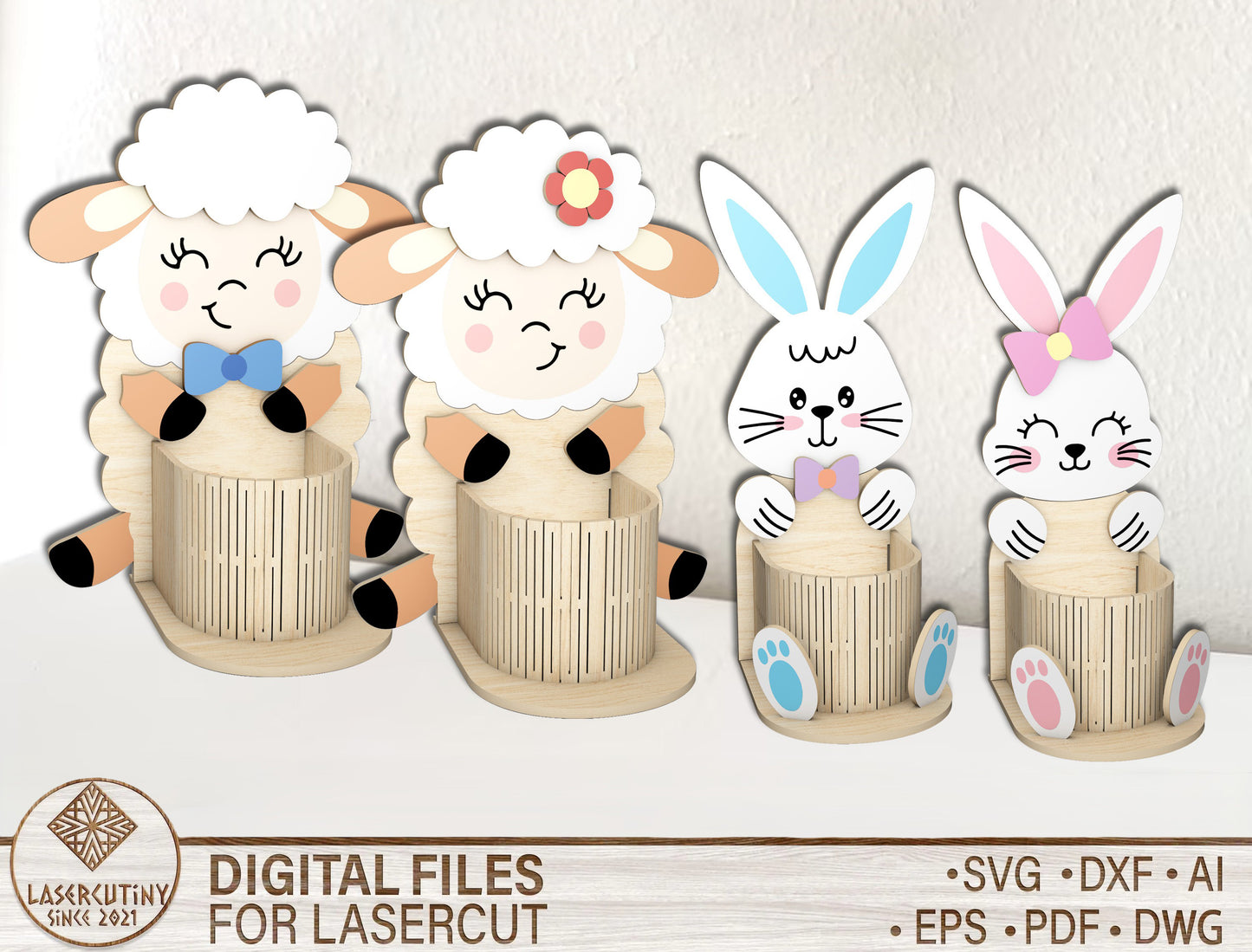 Cute Bunny Lamb Egg Basket Holder SVG Bundle 4 Easter Designs for LightBurn