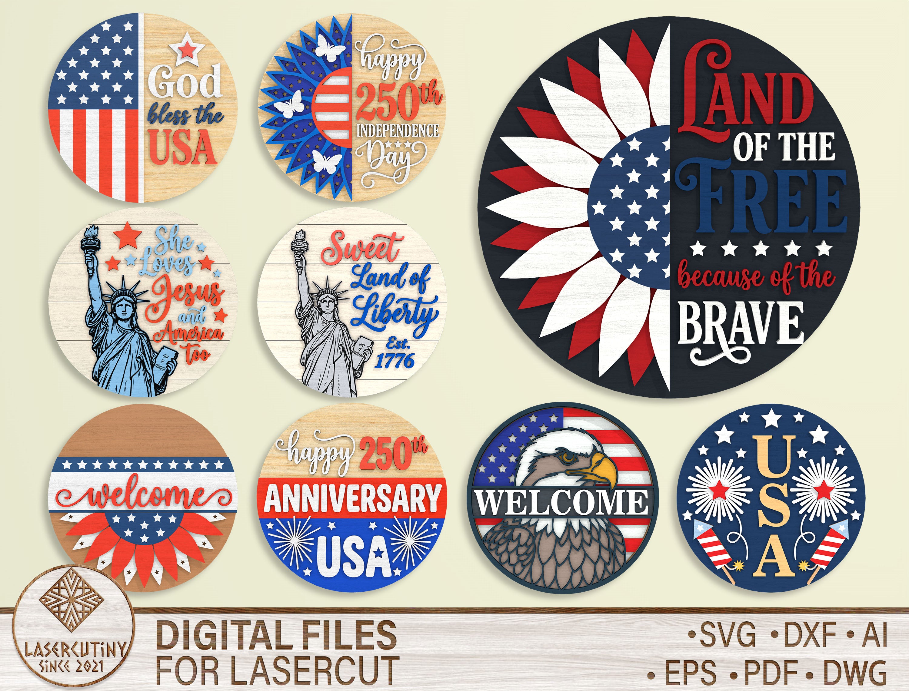Patriotic Round Sign SVG Bundle LightBurn