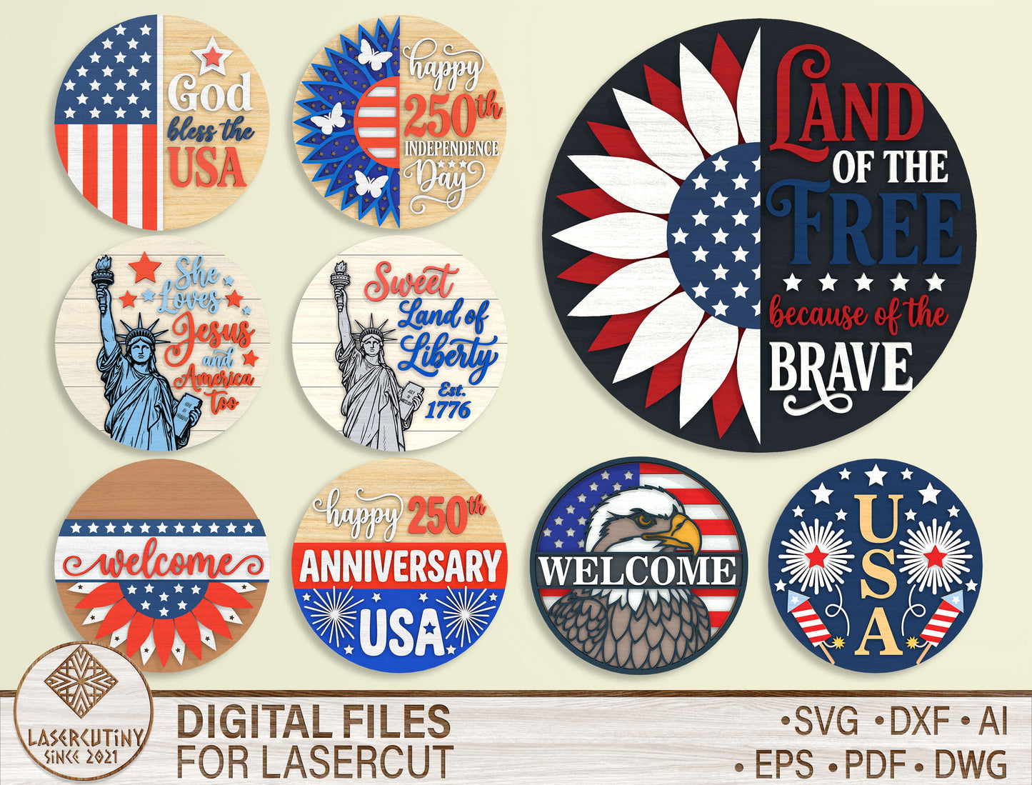 Patriotic Round Sign SVG Bundle Laser Cut File for LightBurn