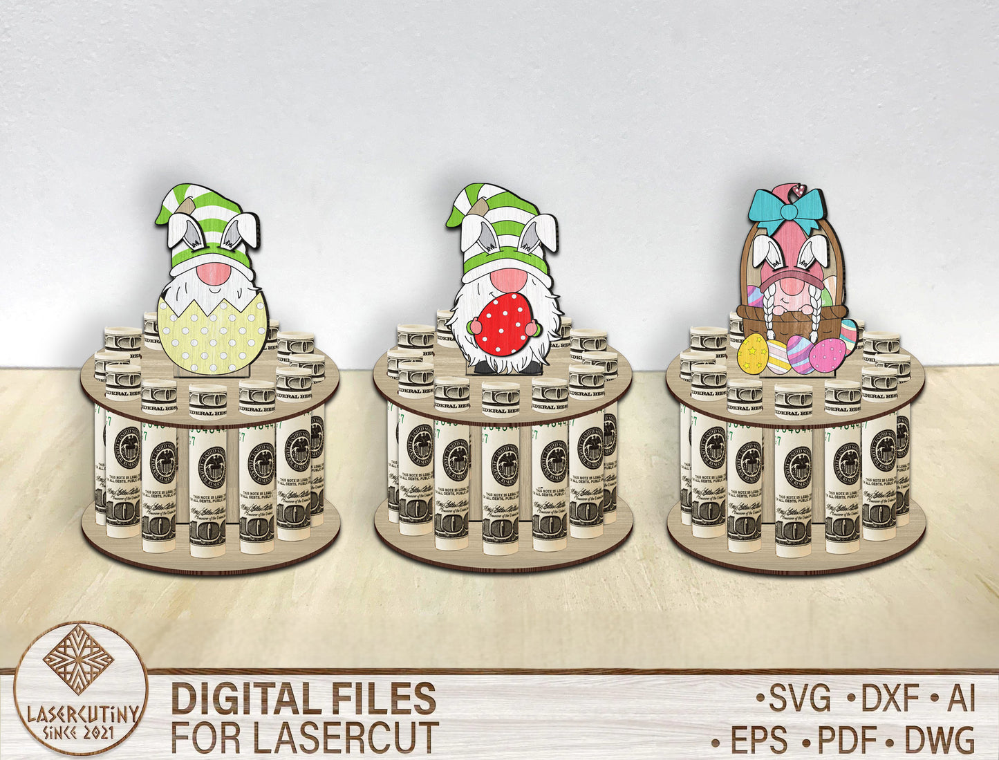 Easter Gnome Money Cake Holder SVG Spring Gnome Cash Stand for Glowforge