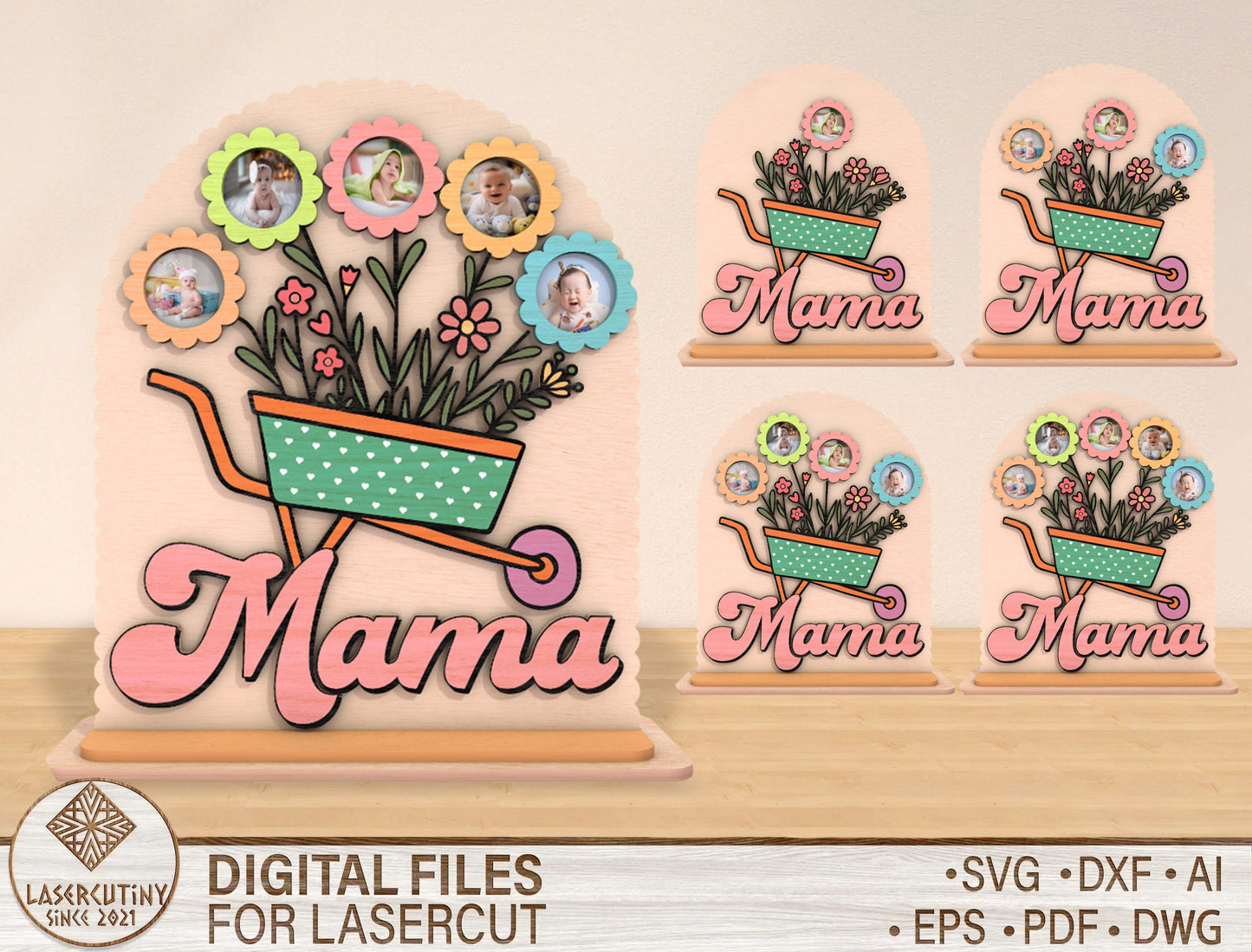 Mama Wheelbarrow Flower Photo Frame SVG Bundle for Glowforge and xTool