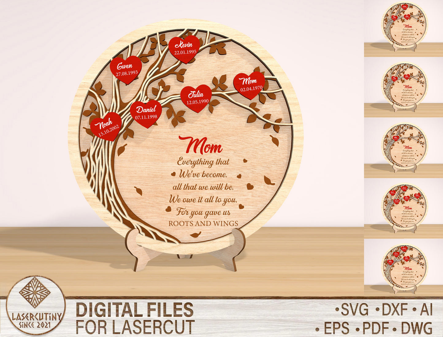 Family Tree Mom Sign SVG Heart Leaves for LightBurn and Glowforge
