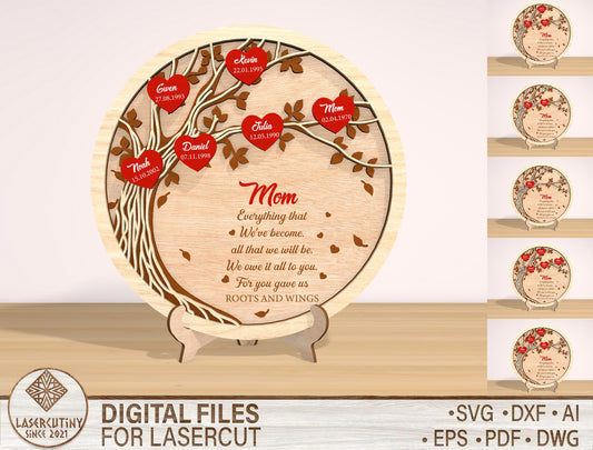 Family Tree Mom Sign SVG Heart Leaves for LightBurn and Glowforge