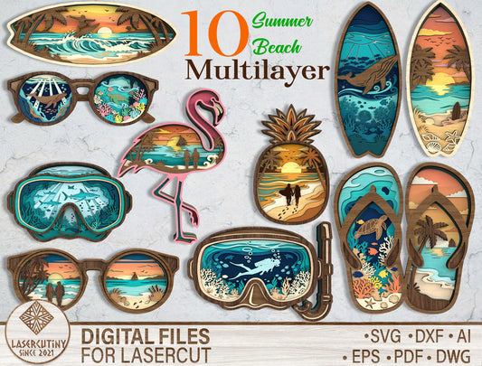 Summer Beach Multilayer SVG Bundle for Glowforge xTool LightBurn 11 Designs