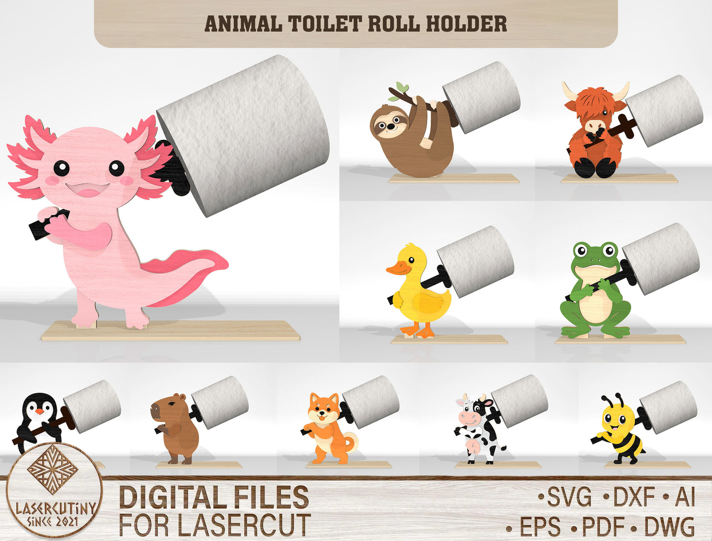 Animal Toilet Roll Holder SVG Bundle Laser Cut File for Glowforge and LightBurn
