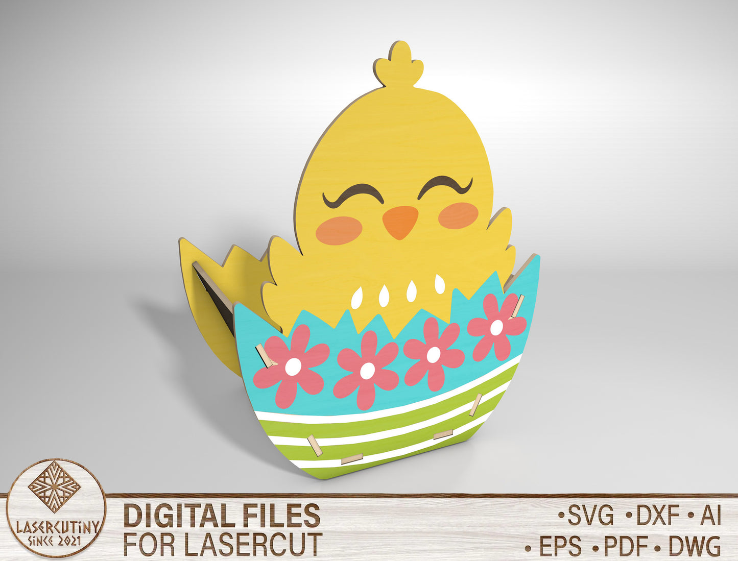 Easter Chick Basket SVG Cute Chick Egg Holder Wooden for Glowforge and xTool