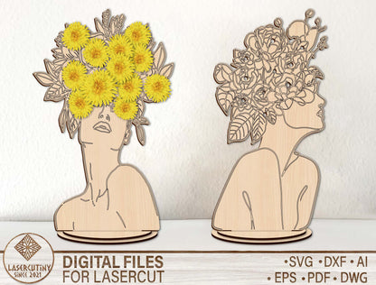 Floral Woman Bust Stand SVG Elegant Botanical Line Art for xTool