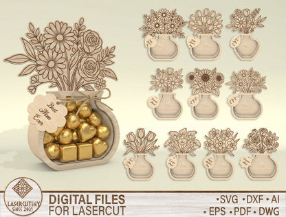 Flower Vase Candy Holder SVG Bundle Wooden Floral Gift Box for LightBurn and Glowforge