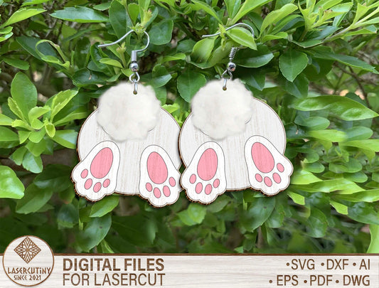 Rabbit Tail Earrings SVG V2 – Wooden Easter Jewelry Laser Cut File – Bunny Feet Dangle Earrings Design