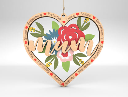 Mom Floral Heart Ornament SVG Flower Mom for Glowforge and xTool