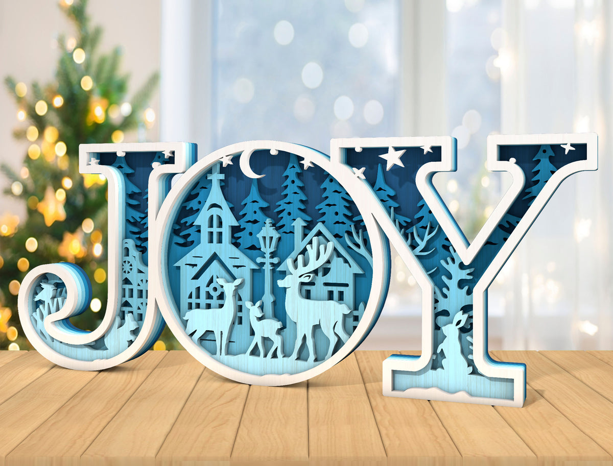 JOY Christmas SVG Multilayer Winter Scene Laser Cut File