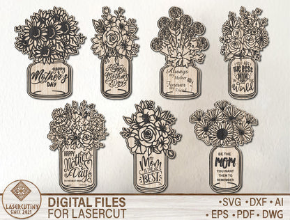 Mason Jar Flower Holder SVG Engraved for LightBurn and Glowforge