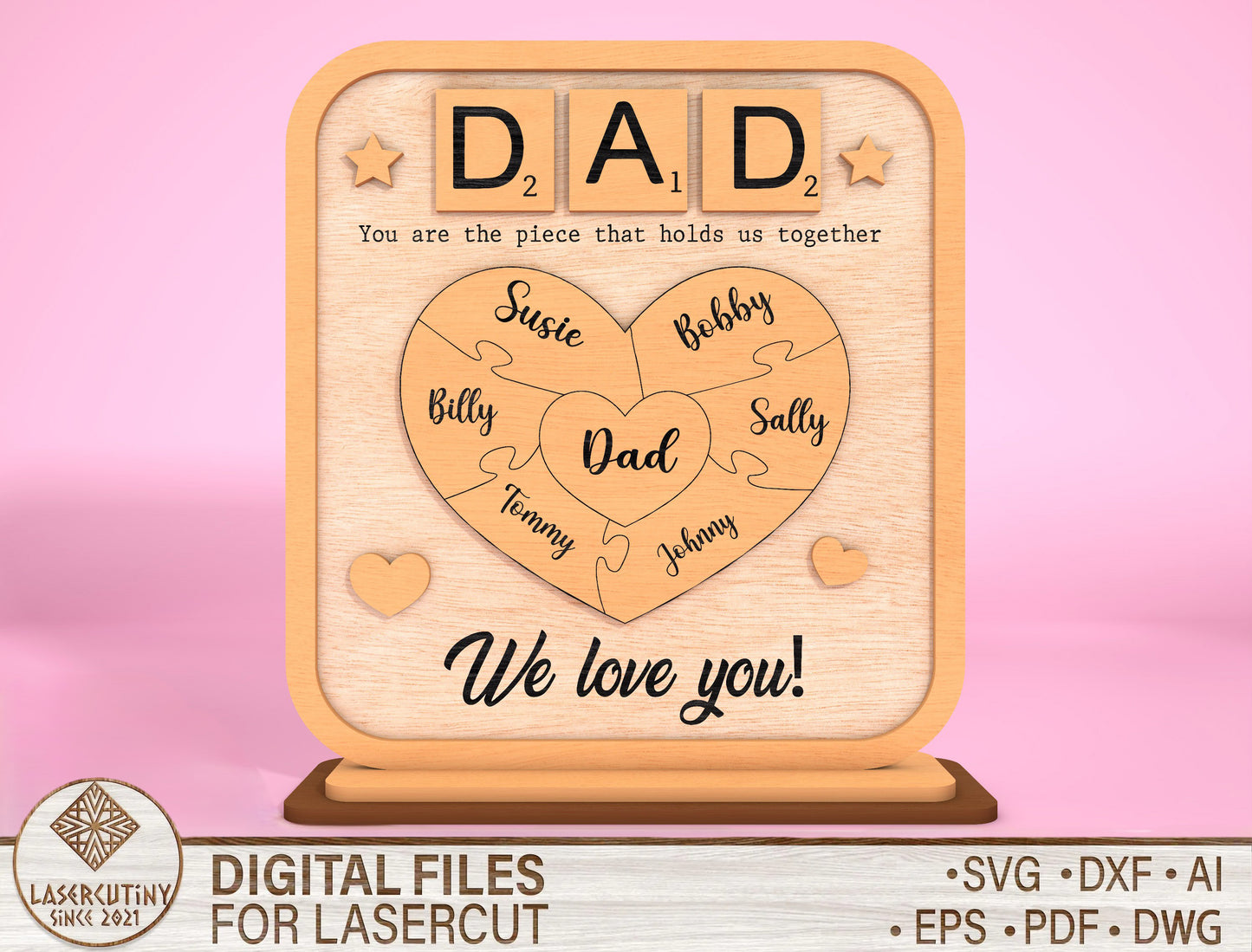 Personalized Dad Puzzle Heart Kids Names SVG for Glowforge and xTool