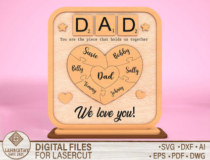 Personalized Dad Puzzle Heart Kids Names SVG for Glowforge and xTool