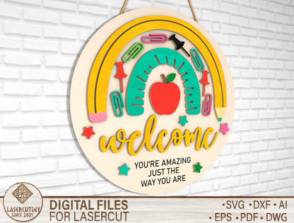 Personalized Rainbow Classroom Door Sign SVG – Cute Teacher Welcome Decor – Laser Cut File