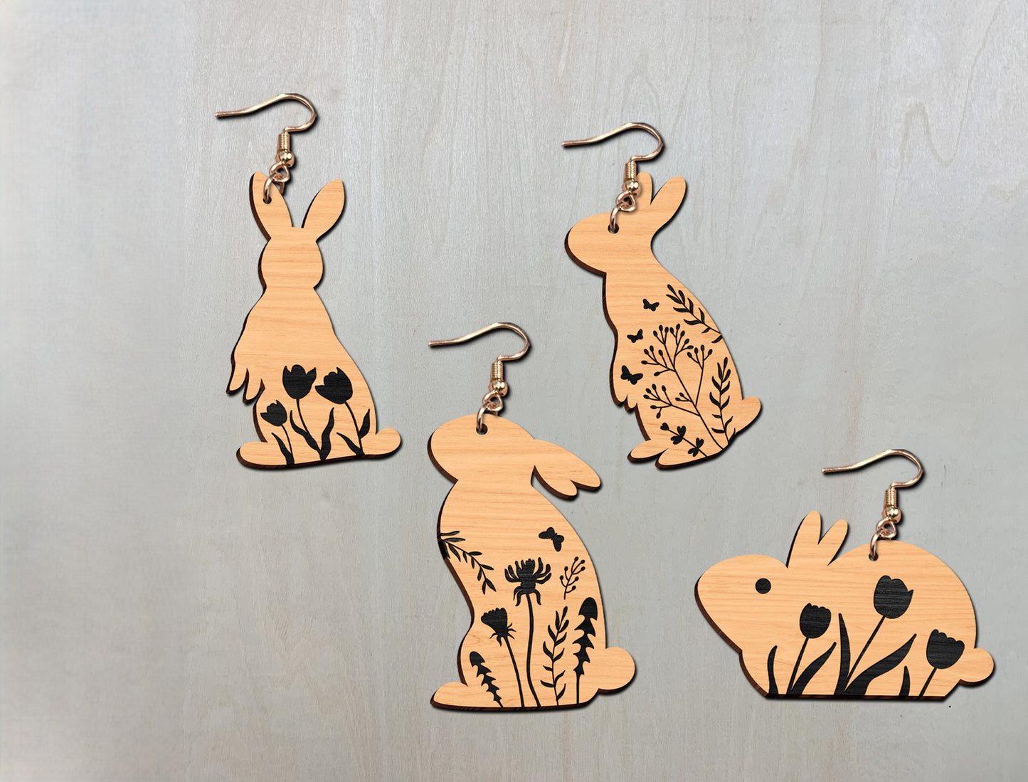 Floral Bunny Earrings SVG Bundle Engraved Rabbit for Glowforge and xTool