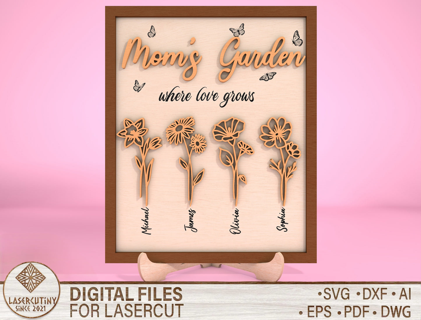 Mom's Garden Personalized Flower Name Sign SVG for LightBurn and xTool