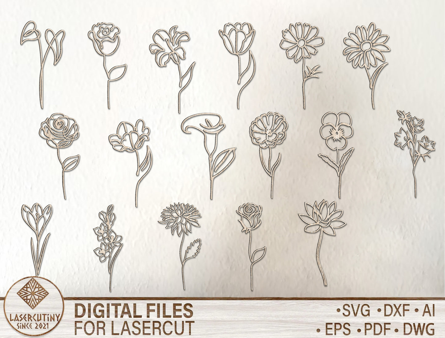 Minimal Botanical Flower Line Art SVG Laser Cut File for Glowforge