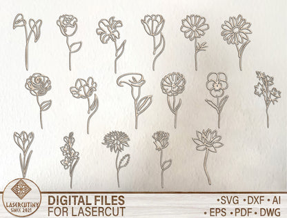 Minimal Botanical Flower Line Art SVG Laser Cut File for Glowforge