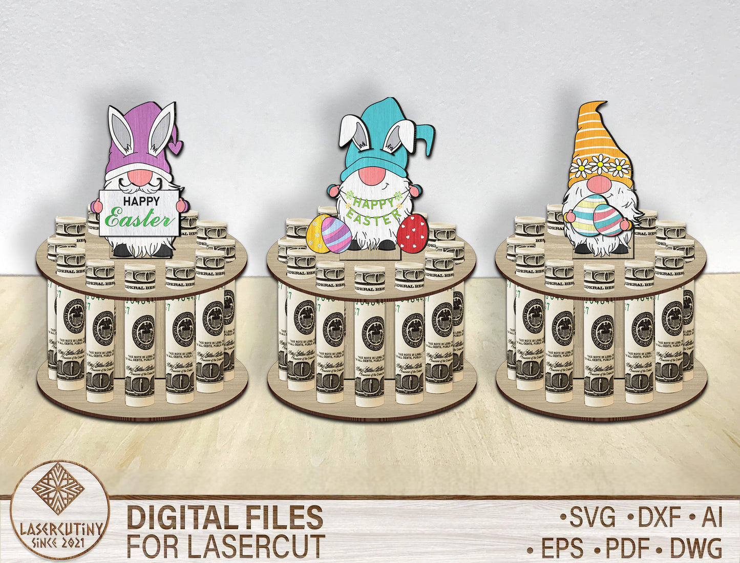 Easter Gnome Money Cake Holder SVG Spring Gnome Cash Stand for Glowforge