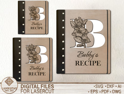 Alphabet Floral Recipe Book SVG Personalized Cookbook for Glowforge