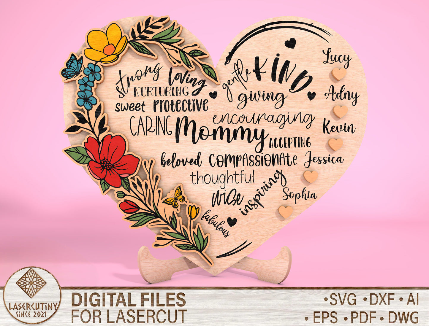 Mom Heart Name Floral Word Art Sign SVG for Glowforge and xTool